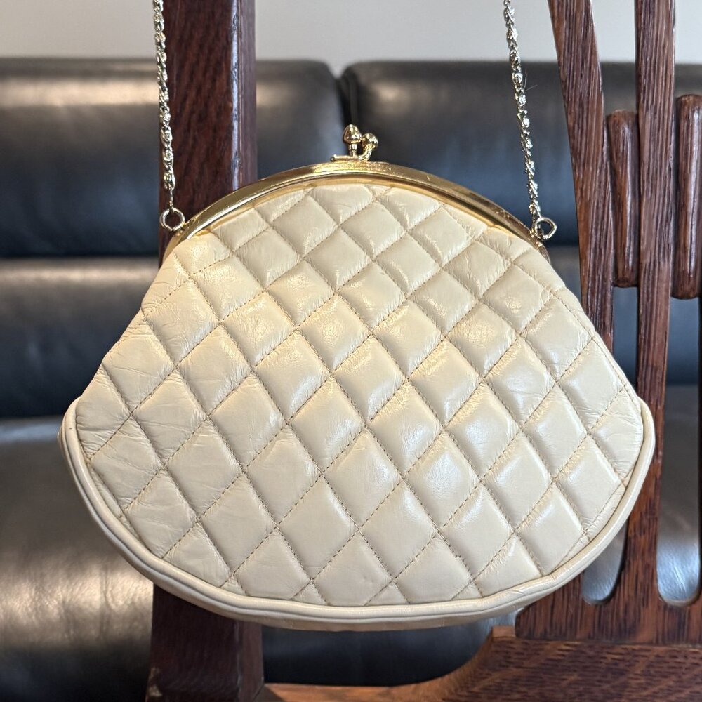 Vintage Elbief England Quilted Leather Chain strap frame handbag cream offwhite